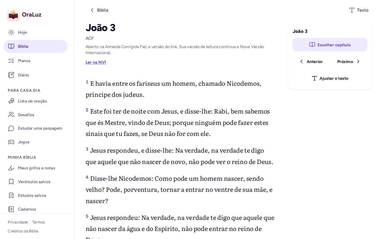 Tela atual da Bíblia no OraLuz, com o leitor de João e as ferramentas de leitura.